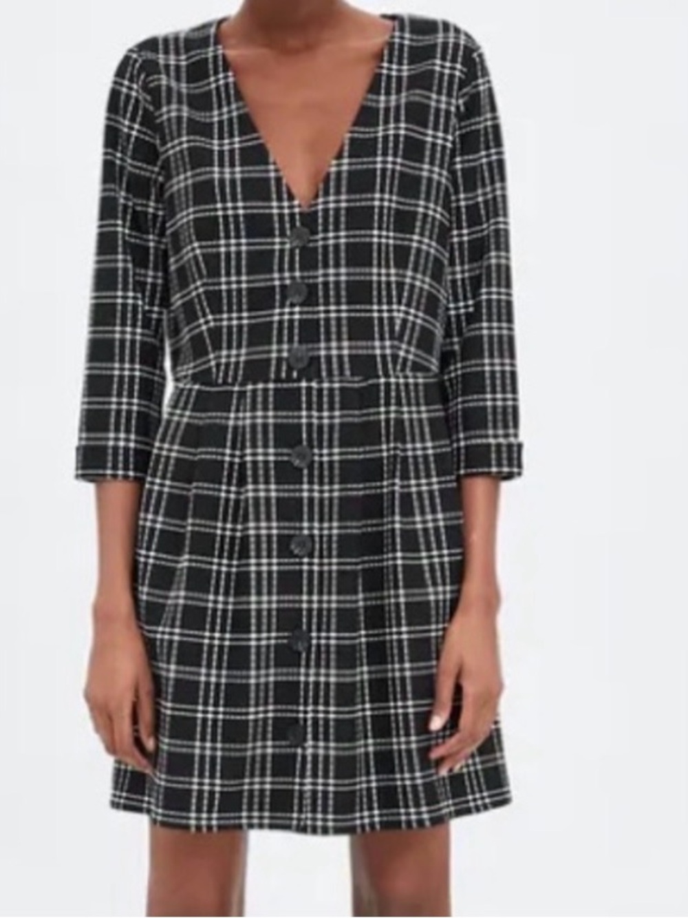 Zara TRF Black White Plaid Button Front Mini Dress V-Neck Medium